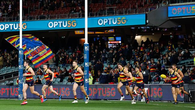 Flying as one? Crows players during the match against St Kilda on Monday night. Picture: Daniel Kalisz/Getty Images