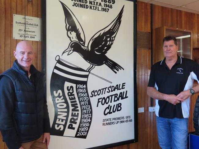 Scottsdale's number one ticket holder and former premier, Peter Gutwein, with Scottsdale legend and AFL Tasmania Hall of Famer Peter Roozendaal at the Magpies’ clubhouse on Tuesday. Picture: Jon Tuxworth