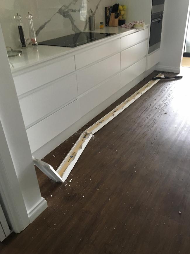 A 4m strip of ceiling that fell from the ceiling of Mel Birt’s Tranmere house. Picture: Mel Birt