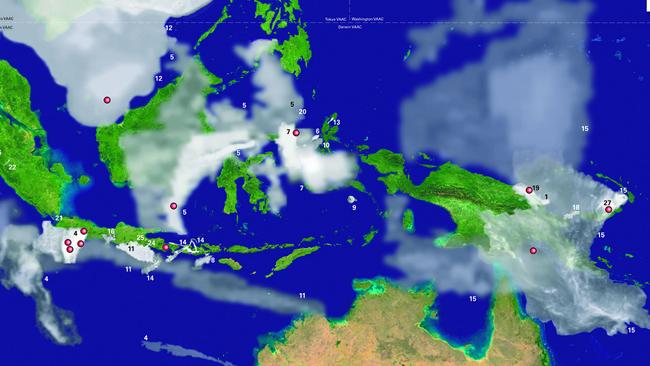 Just some of the volcanic eruptions to Australia’s north that have affected air travel in recent decades. Picture: Bureau of Meterology.