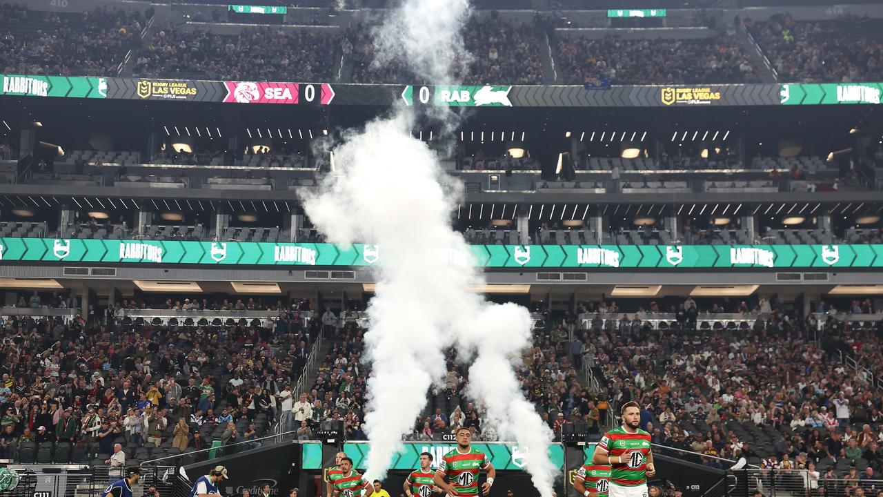 LAS VEGAS, NEVADA - MARCH 02: The Rabbitohs take the field during the round one NRL match between Manly Sea Eagles and South Sydney Rabbitohs at Allegiant Stadium, on March 02, 2024, in Las Vegas, Nevada. (Photo by Ezra Shaw/Getty Images) Escape 30 June 2024 sport hot list