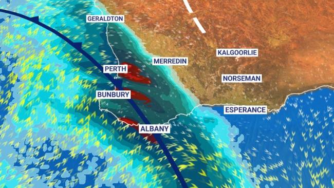 Rain expected to hit Western Australia this weekend. Radar forecast at 9pm on Saturday. Picture: Sky News Weather