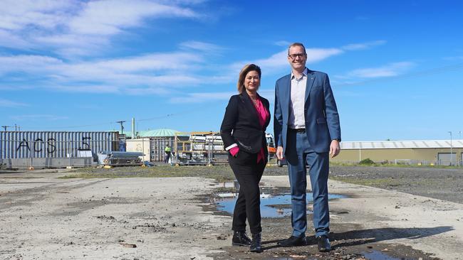 Macquarie Point Development Corporation CEO Mary Massina with State Growth Minister Michael Ferguson at Macquarie Point. Picture: LUKE BOWDEN