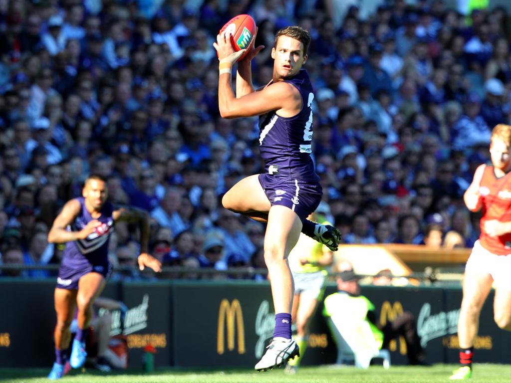 Harley Balic of the Dockers takes a mark in Round 7, 2017. Picture: AAP/Richard Wainwright.