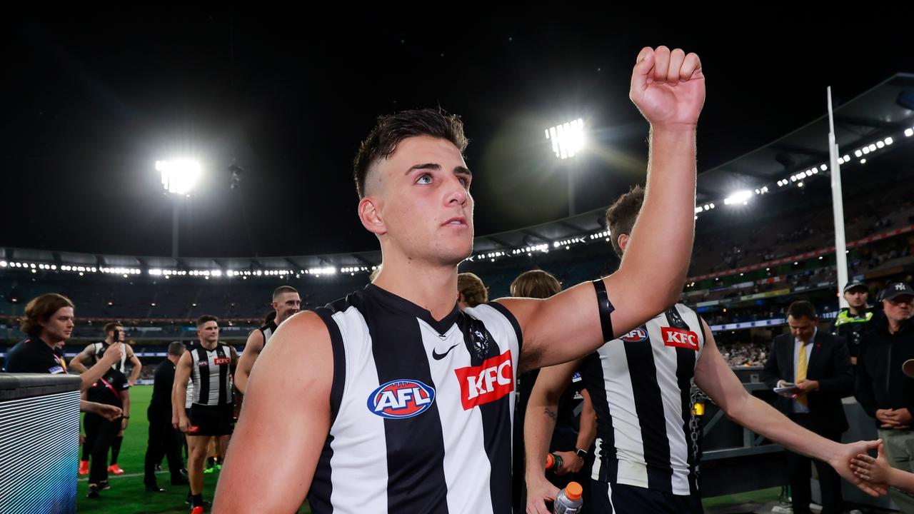 Nick Daicos celebrates the round one win. Picture: Dylan Burns/AFL Photos via Getty Images