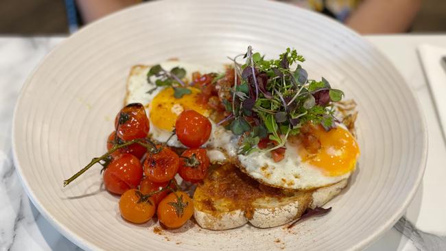 San Jose sobrassada, fried eggs, cherry tomatoes on-vine, pico de gallo and golden sourdough at Cachemira, Stepney. Picture: Dianne Mattsson