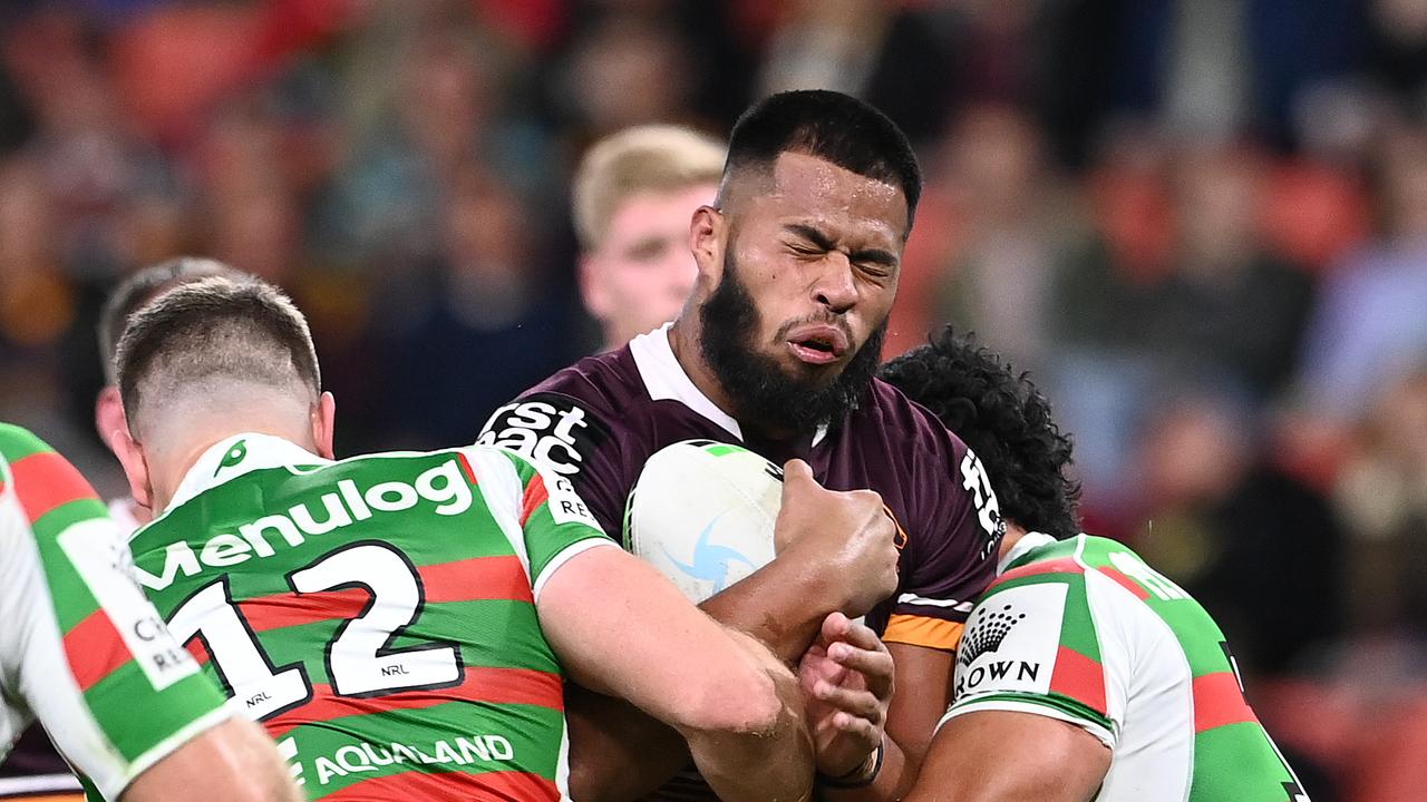 BRISBANE, AUSTRALIA - JUNE 17: Payne Haas of the Broncos is tackled during the round 15 NRL match between the Brisbane Broncos and the South Sydney Rabbitohs at Suncorp Stadium, on June 17, 2021, in Brisbane, Australia. (Photo by Bradley Kanaris/Getty Images)