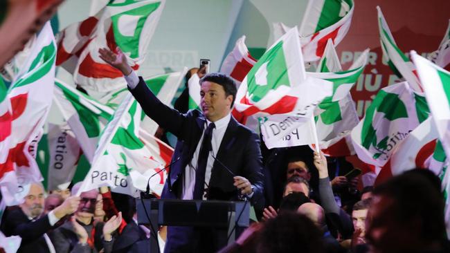 Secretary of ‘Partito Democratico’ (Democratic Party) and former Prime Minister Matteo Renzi speaks during the closing rally of the electoral campaign in Florence, on Friday 2 March 2018. Picture: Maurizio Degl'Innocenti/ANSA via AP