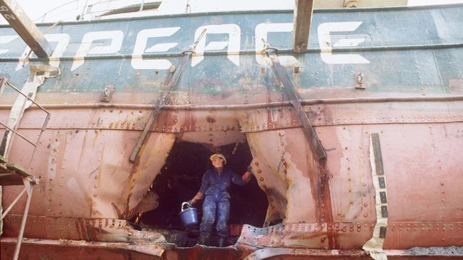 The bombed hull of the Greenpeace flagship Rainbow Warrior sunk by the French in Auckland Harbour in 1985. Picture: AFP