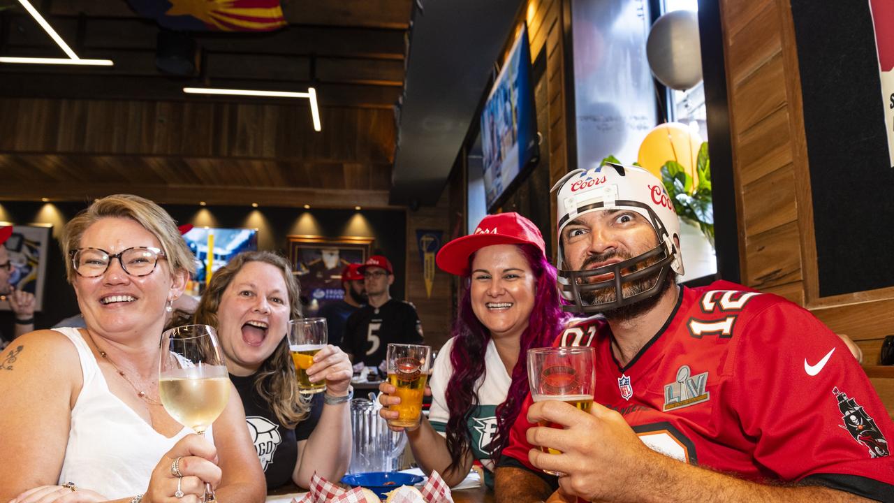 Watching the NFL Super Bowl at Tailgate Sports Bar are (from left) Katrina Costigan, Kym Croughan, Renee Rivett and Kris Rivers, Monday, February 14, 2022. Picture: Kevin Farmer