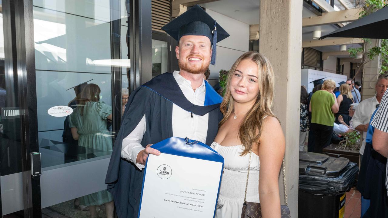 Joshua Noblett and Lucy Thornton at Deakin University’s environmental science graduation. Picture: Brad Fleet