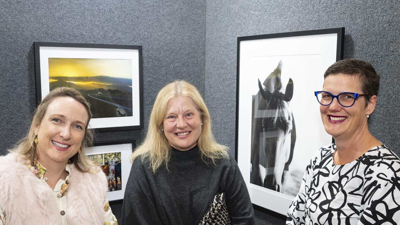 At Fairholme Open Art Prize FACETS exhibition opening are (from left) Rene Winner-Harrison, Michelle Power and Kelly Cussons , Friday, May 10, 2024. Picture: Kevin Farmer