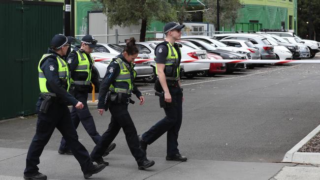 Police patrol the area around the Richmond Injecting Rooms. Picture: David Crosling