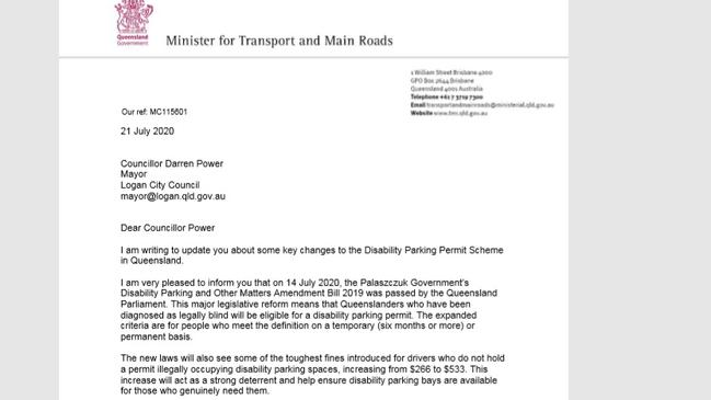 An excerpt of the letter from the Transport Minister to Logan City Council.