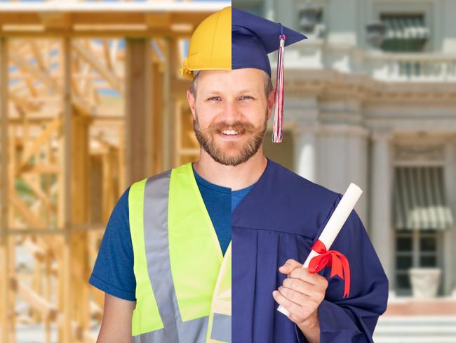 CAREERS FEB 1: Split Screen Male Graduate In Cap and Gown to Engineer in Hard Hat Concept.