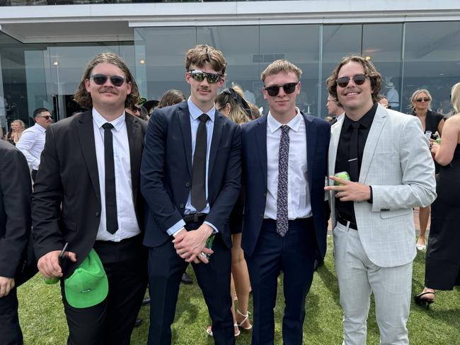 Jake Beekmans, Liam Kershaw, Cameron Edwards and Brodie Haugh at Flemington for Derby Day on November 2, 2024. Picture: Phillippa Butt