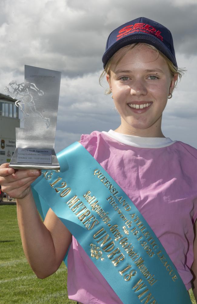 Amara Clemens wins the Greg Gabbett Youths Under 18 Boys and Girls 120 metres. The Arthur Postle Gift in Pittsworth. Saturday 18th January, 2025. Picture: Nev Madsen.