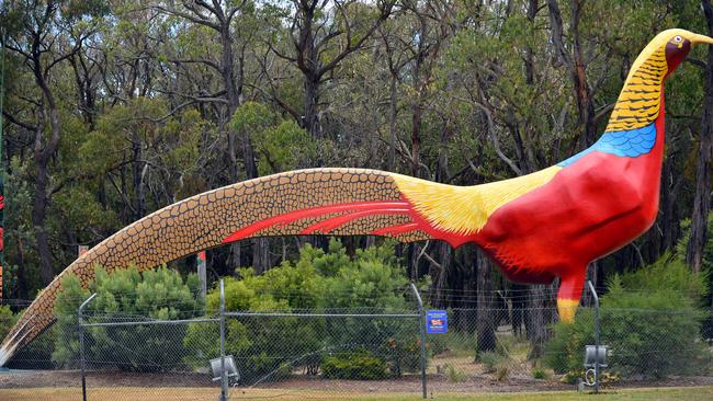 Gumbuya Park and the giant golden pheasant statue at the entrance.