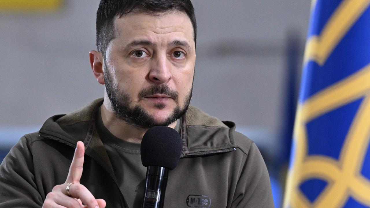 Ukrainian President Volodymyr Zelensky addresses a press conference with international media in an underground metro station in Kyiv. Picture: Genya Savilov/AFP