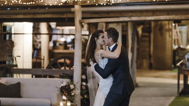 Courtney Jager and Mike Harris dancing at their wedding.