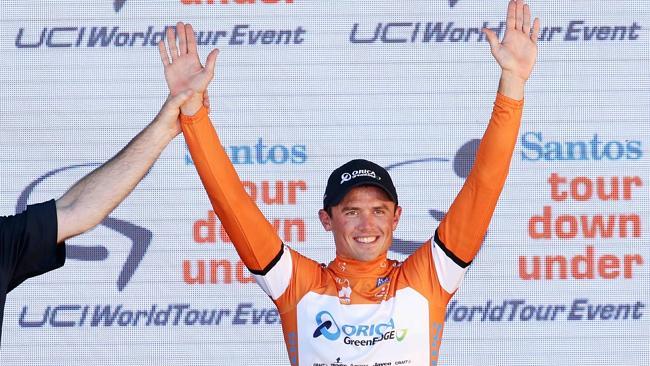 Simon Gerrans on the podium after winning the 2014 Tour Down Under. Pic Sarah Reed.