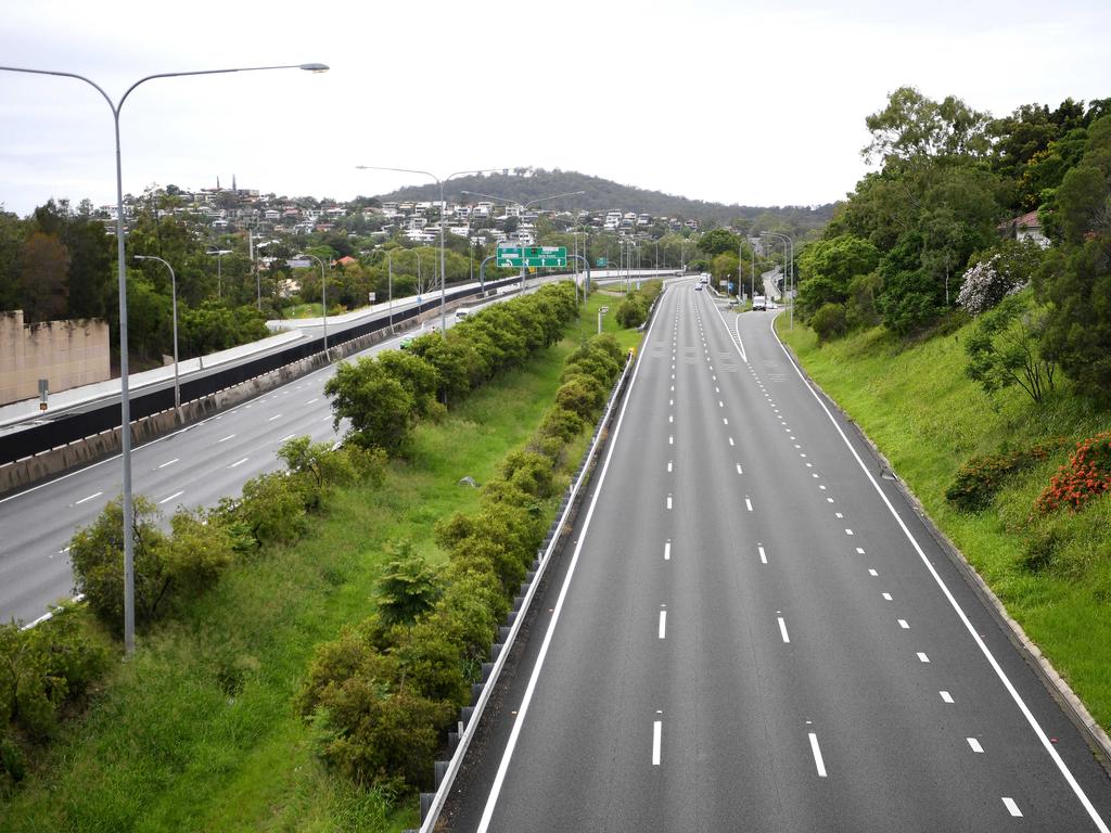 Brisbane’s roads were empty on Saturday. Picture: NCA NewsWire/Dan Peled