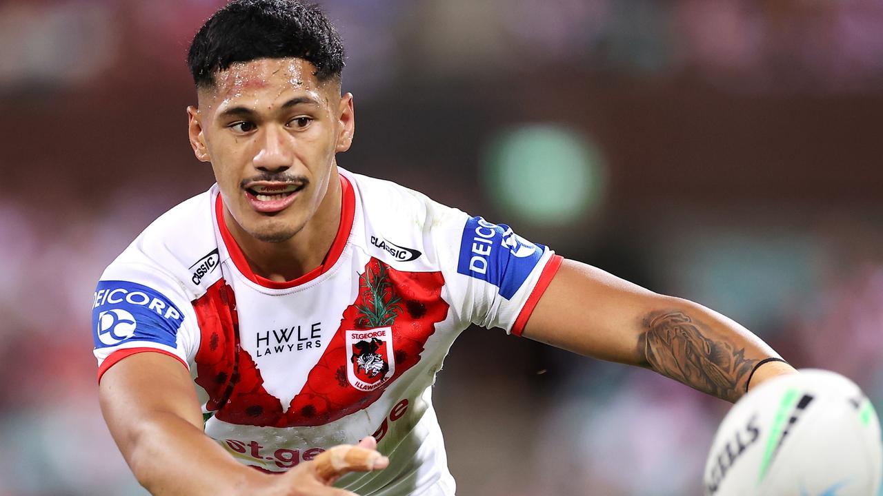 SYDNEY, AUSTRALIA - APRIL 25: Talatau Amone of the Dragons passes during the round seven NRL match between the St George Illawarra Dragons and the Sydney Roosters at Sydney Cricket Ground, on April 25, 2022, in Sydney, Australia. (Photo by Mark Kolbe/Getty Images)