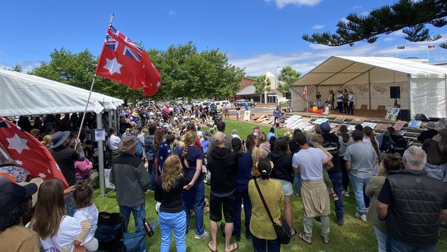 Crowds gathered on the Port Lincoln foreshore to protest. Picture: Micaela Stark