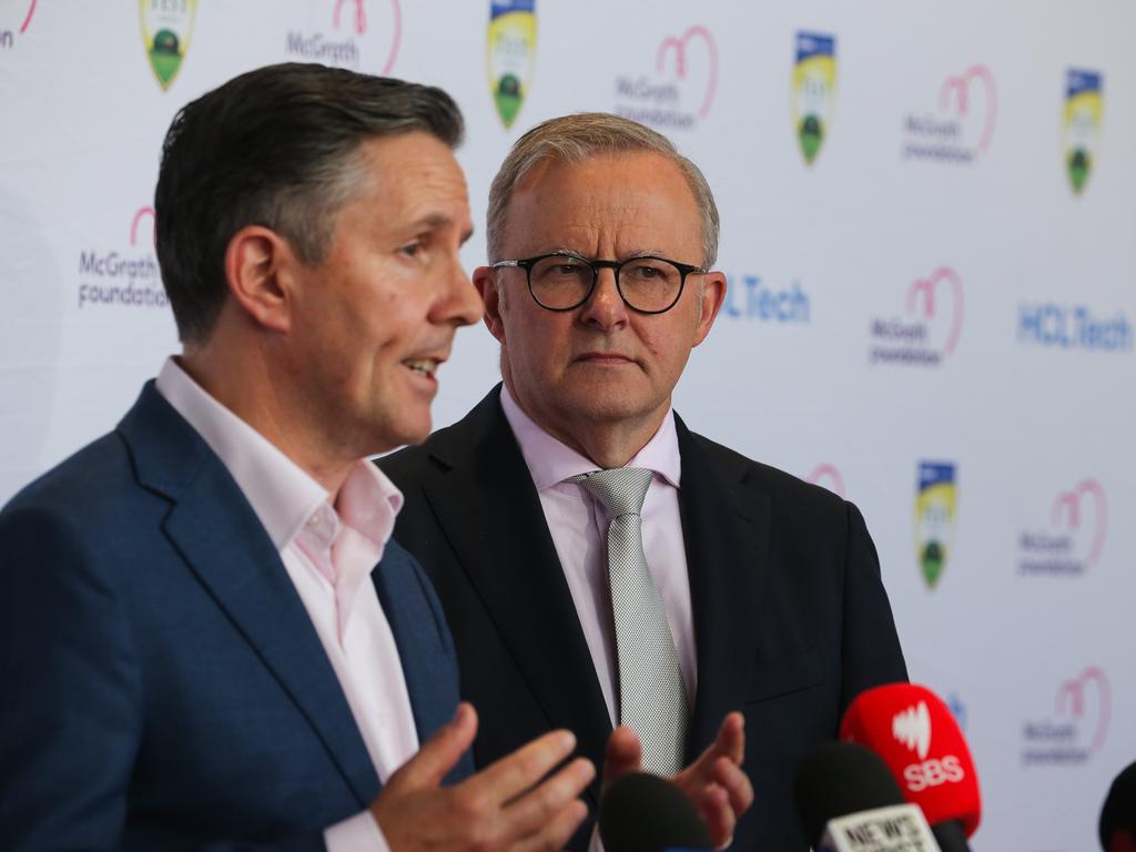 Federal Health Minister Mark Butler speaks while Prime Minister Anthony Albanese watches on.