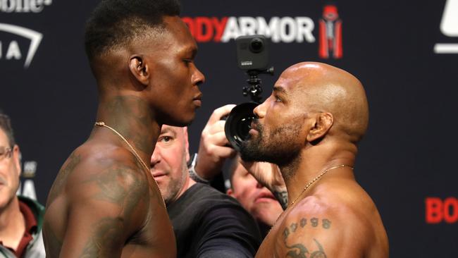 Israel Adesanya and Yoel Romero face off ahead of UFC 248. Picture: AP