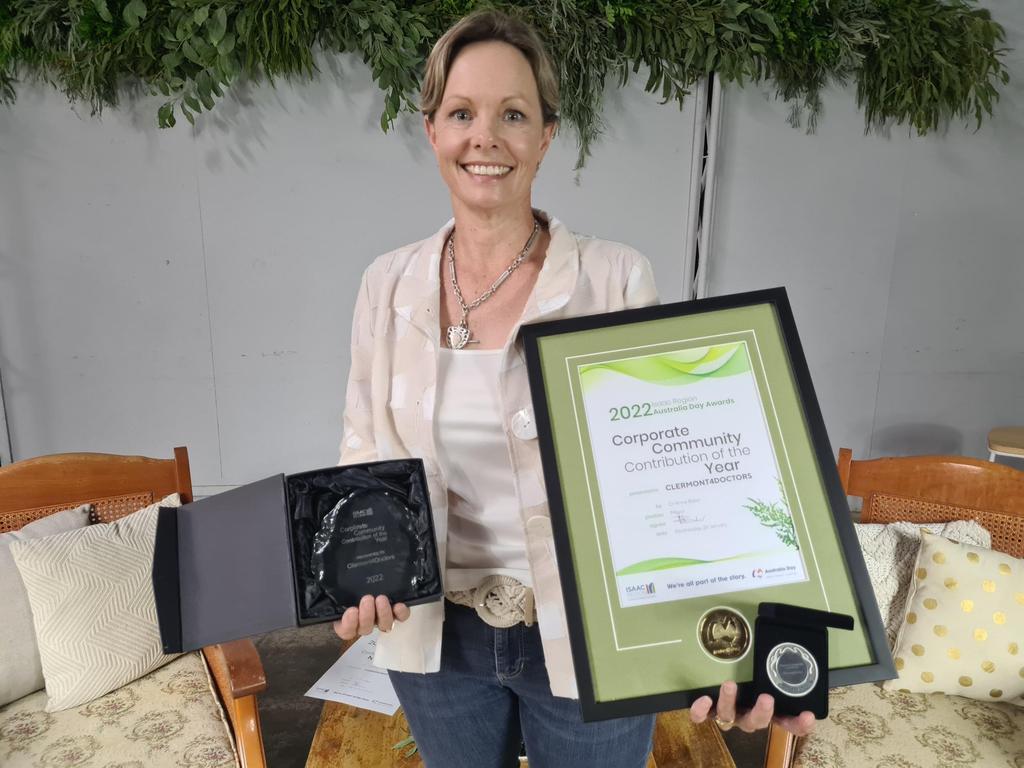 Janelle Otto accepting the Isaac Region Australia Day 2022 Corporate Community Contribution of the Year award on behalf of Clermont4Doctors. Picture: Contributed