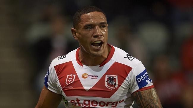 WOLLONGONG, AUSTRALIA - MARCH 15: Tyson Frizell of the Dragons reacts after a missed try opportunity during the round 1 NRL match between the St George Illawarra Dragons and the Wests Tigers at WIN Stadium on March 15, 2020 in Wollongong, Australia. (Photo by Brett Hemmings/Getty Images)