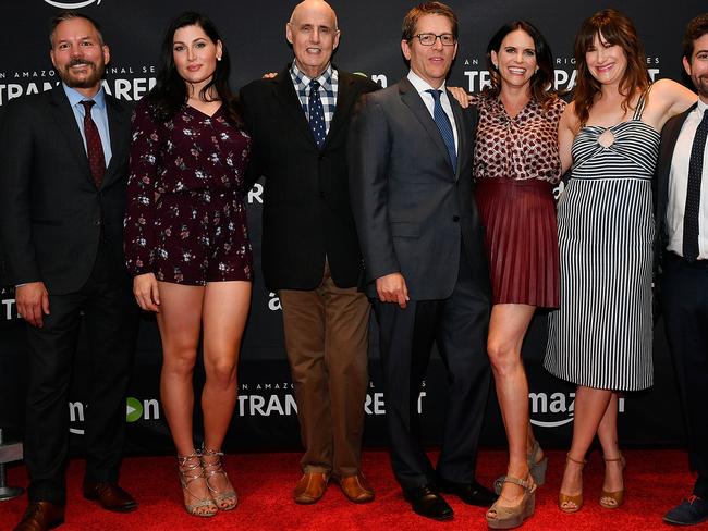 One of the accusers, Trace Lysette, second from left, stands with Jeffrey Tambor, third from left. Picture: Larry French/Getty Images for Amazon