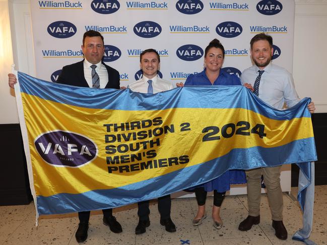 MELBOURNE, AUSTRALIA – OCTOBER 9 2024John Thompson, Darcy Brown and Alysia Regan, Kyn Regan at the VAFA Awards Night at the San Remo Ballroom in Carlton on October 9, 2024Picture: Brendan Beckett