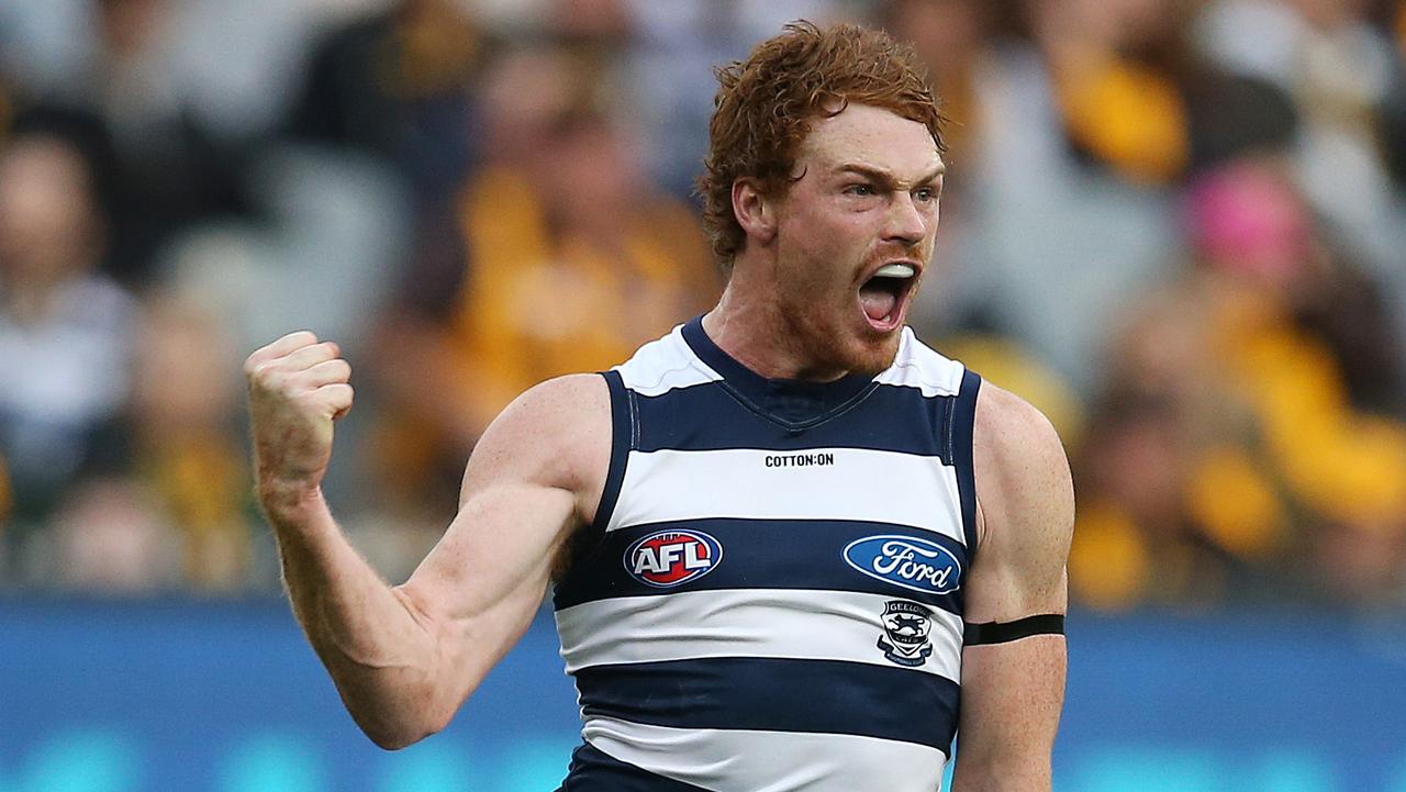 Geelongs Gary Rohan celebrates a goal in the 3rd qtr. Pic: Michael Klein.