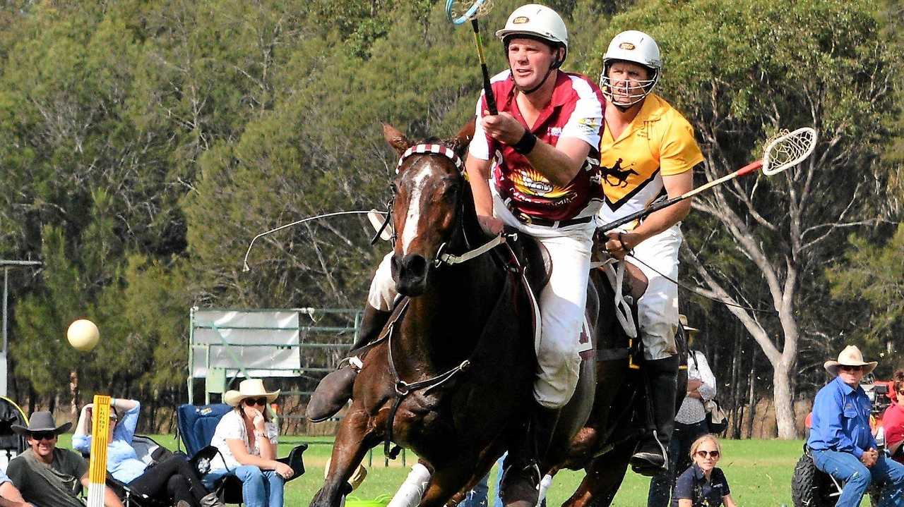 FULL PELT: Australian polocrosse assistant coach Cameron Shepherd in action on Favourite, a horse he is putting in a pool of 150 horses, for the April 22-28 World Cup. Picture: Contributed