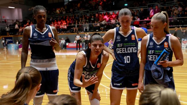 Geelong United huddle up during their round 1 WNBL loss. Picture: Kelly Defina/Getty Images