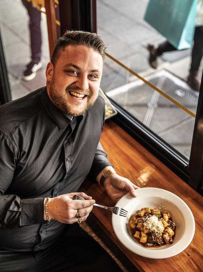 Cultura Espresso Bar and Restaurant owner Luke Rocchia about to devour one of their delicious dishes which features house-made gnocchi smothered in a beef and lamb ragu sauce. Picture: EDDIE SAFARIK