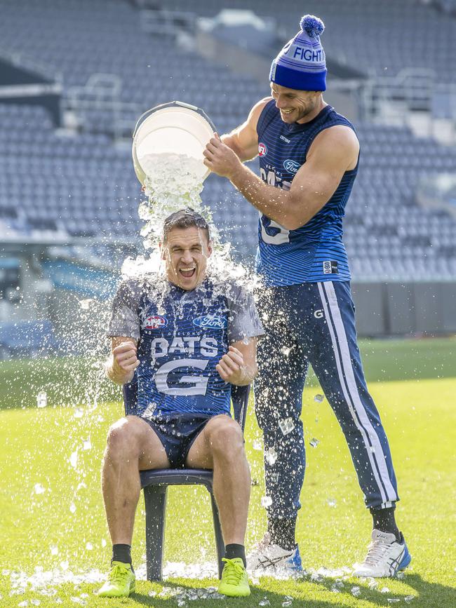 Joel Selwood and Tom Hawkins practice for the Big freeze. Picture: Tim Carrafa