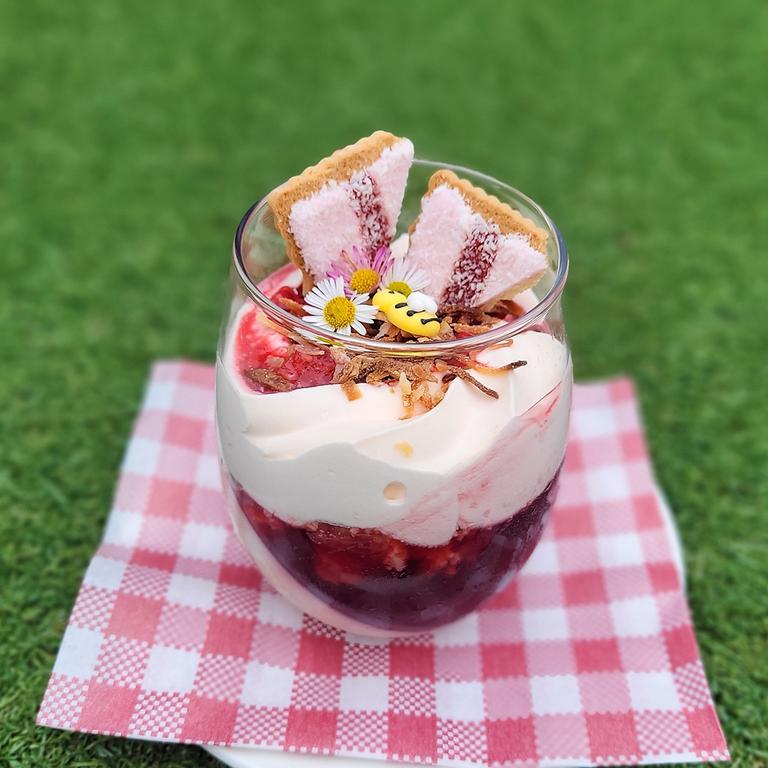 Cobb &amp; Co Museum - Cobb's deconstructed iced VoVo: Coconut panna cotta and home-made berry jelly with fresh cream and shortbread crumble, topped with toasted coconut and finished with macerated berries.