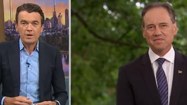 Greg Hunt and Michael Rowland clash in tense ABC TV interview.