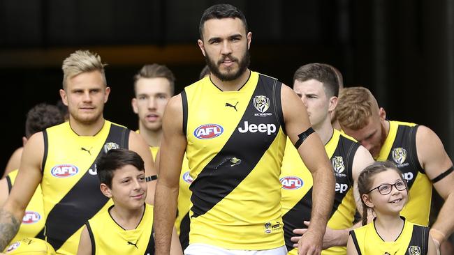 Shane Edwards leads the Tigers out against Port Adelaide. Picture: Sarah Reed