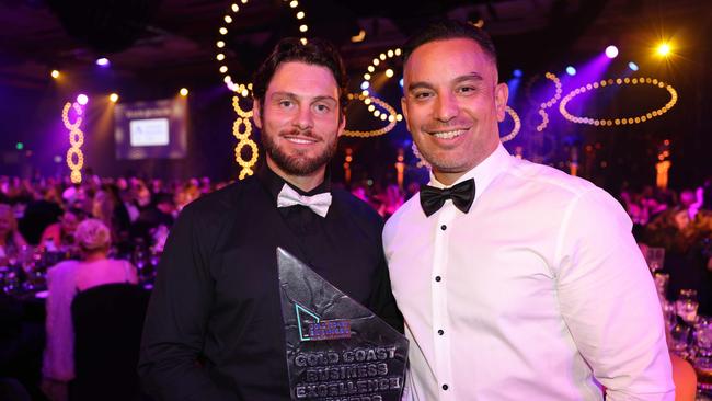 Bruce Normyle and Matthew Morrison at the Gold Coast Business Excellence Awards Gala 2023 at The Star Gold Coast. Picture: Portia Large