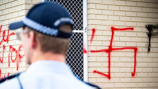 Police on scene at Southern Sydney Synagogue which was vandalized with anti-Semitic graffiti overnight. Picture: Tom Parrish