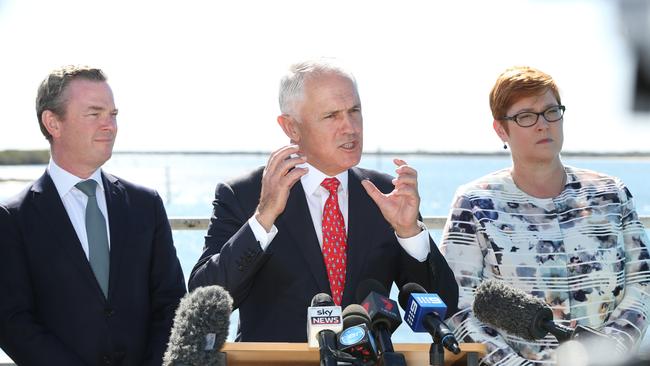 Malcolm Turnbull making their announcement in Adelaide flanked by Industry Minister Christopher Pyne and Defence Minister Marise Payne. Picture: Tait Schmaal.