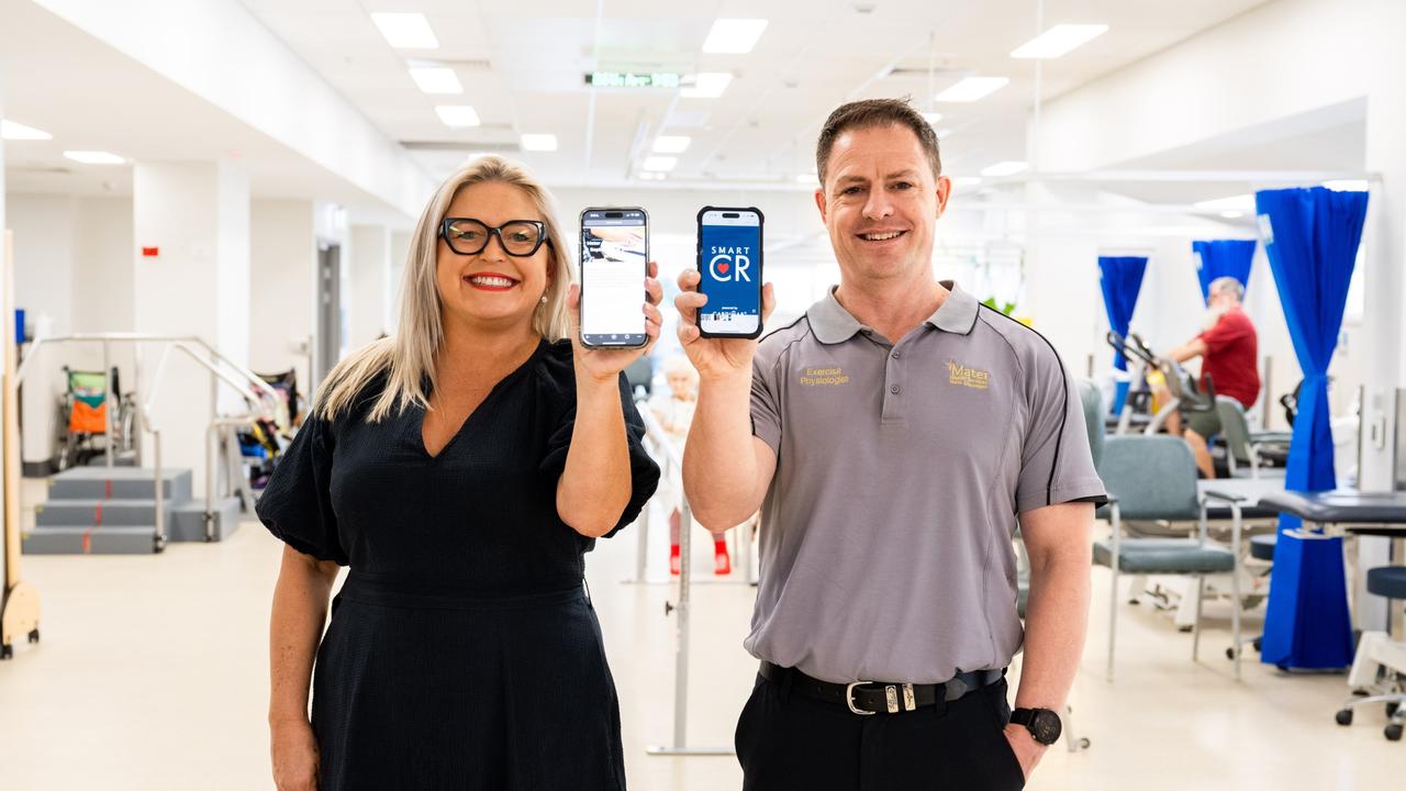 Mater Private Hospital Townsville rehabilitation physiologist Shaun Whiley and Smart Precinct NQ CEO Cassandra Cazzulino demonstrate the MAJR and Cardihab smartphone apps. Mater has launched two digital programs which are improving the treatment of patients needing hip and knee surgery and those recovering from heart conditions or surgery. Picture: Supplied