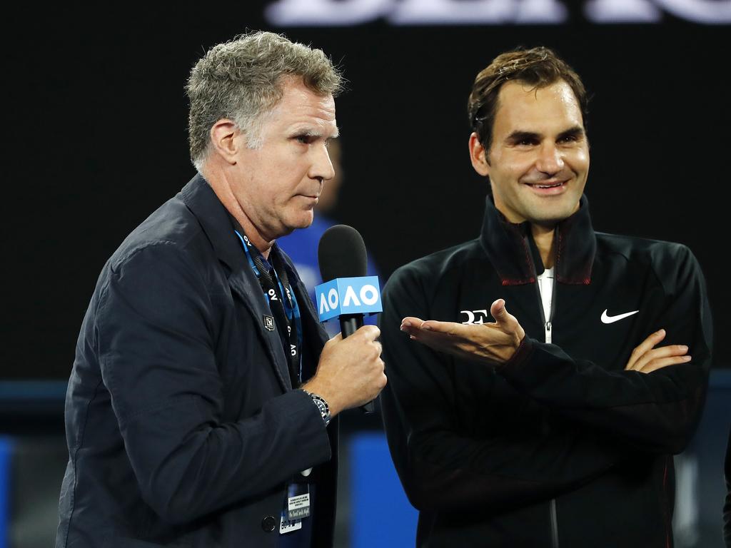 Roger Federer gets interviewed by Will Ferrell after tonights match .Pic: Michael Klein