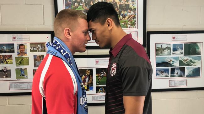 Brendan Piakura (right) poses for a Palm Beach Currumbin Origin rivalry photo with teammate and Blues supporter Josh Bevan.