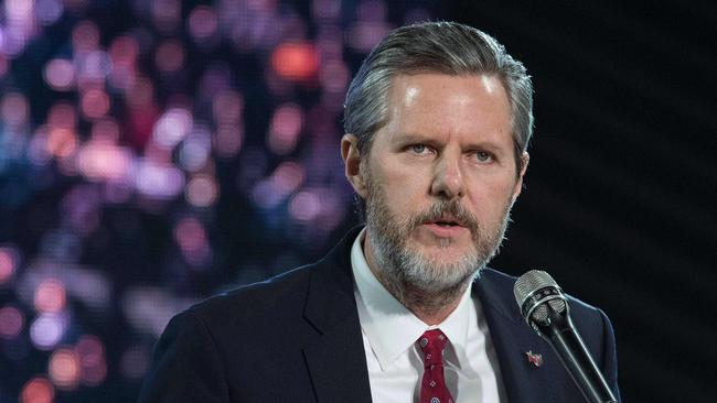 Jerry Falwell, Jr., introduces Donald Trump at a rally at Liberty University in 2017. Picture: AFP.