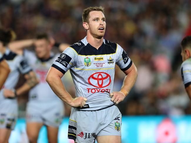 Cowboy's Michael Morgan looks at the replay after a Storm try during the 2017 NRL Grand Final. Picture: Brett Costello